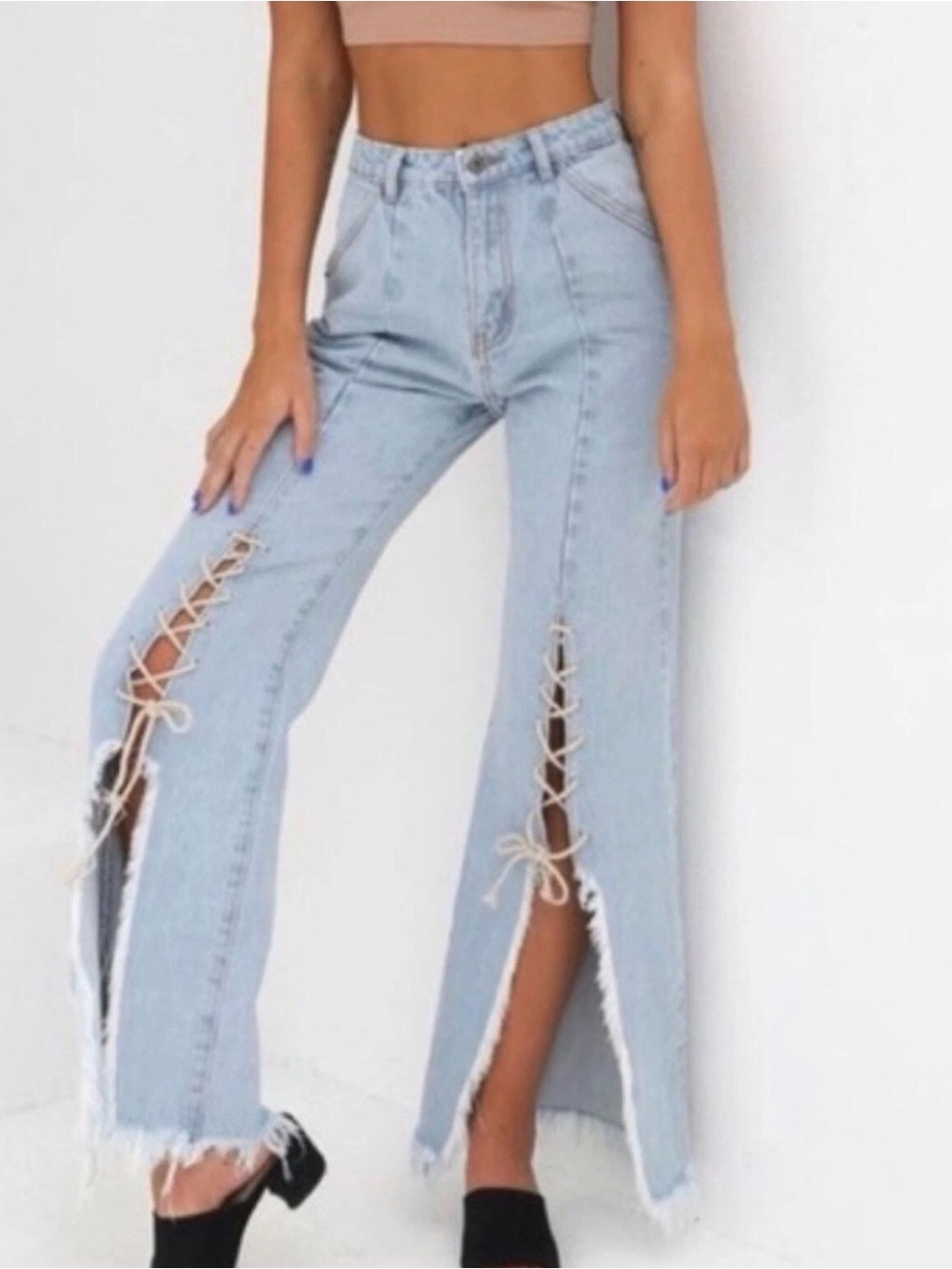 Tiger Mist Light Blue Lace-Up Split Hem Wide Leg Jeans